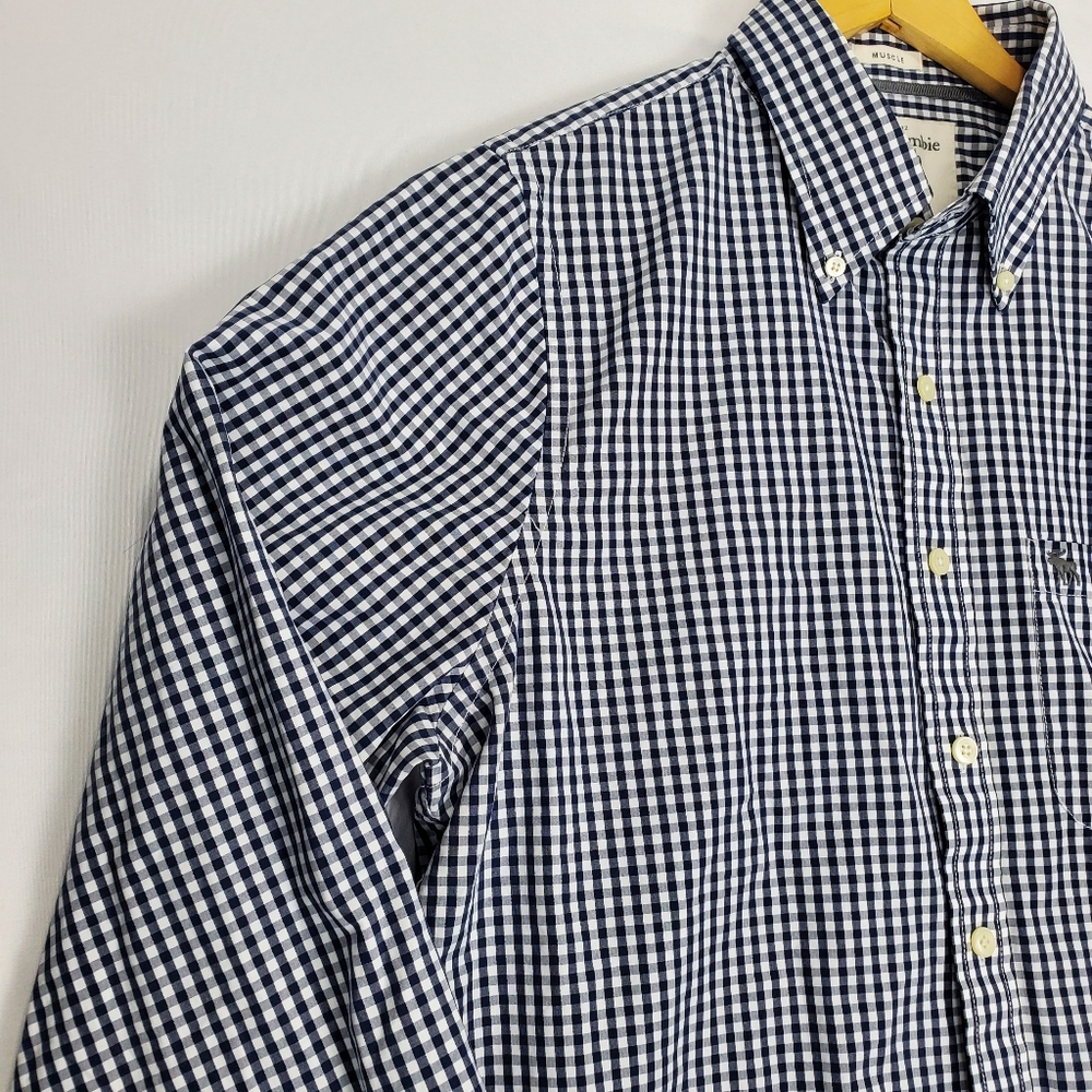 Abercrombie & Fitch Muscle Blue White Gingham Button Up Long Sleeve Shirt Sz XL - Picture 3 of 16